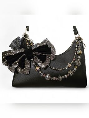 Elegant Black and Silver Bow Beaded Bag Charm